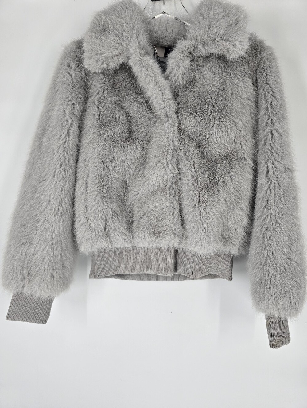 Guess Soave Long Sleeve Faux Fur Bomber Jacket Silk Gray Size S NEW